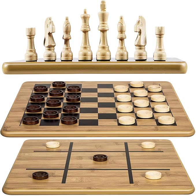 VAMSLOVE Wooden Chess Checkers Tic-Tac-Toe Game Set 11.5" x 11.5" Double-Sided 3 in 1 Board with 34 Chess Pieces - 2 Extra Queens - 24 Interlocking Checkers - Storage Bag - Instructions