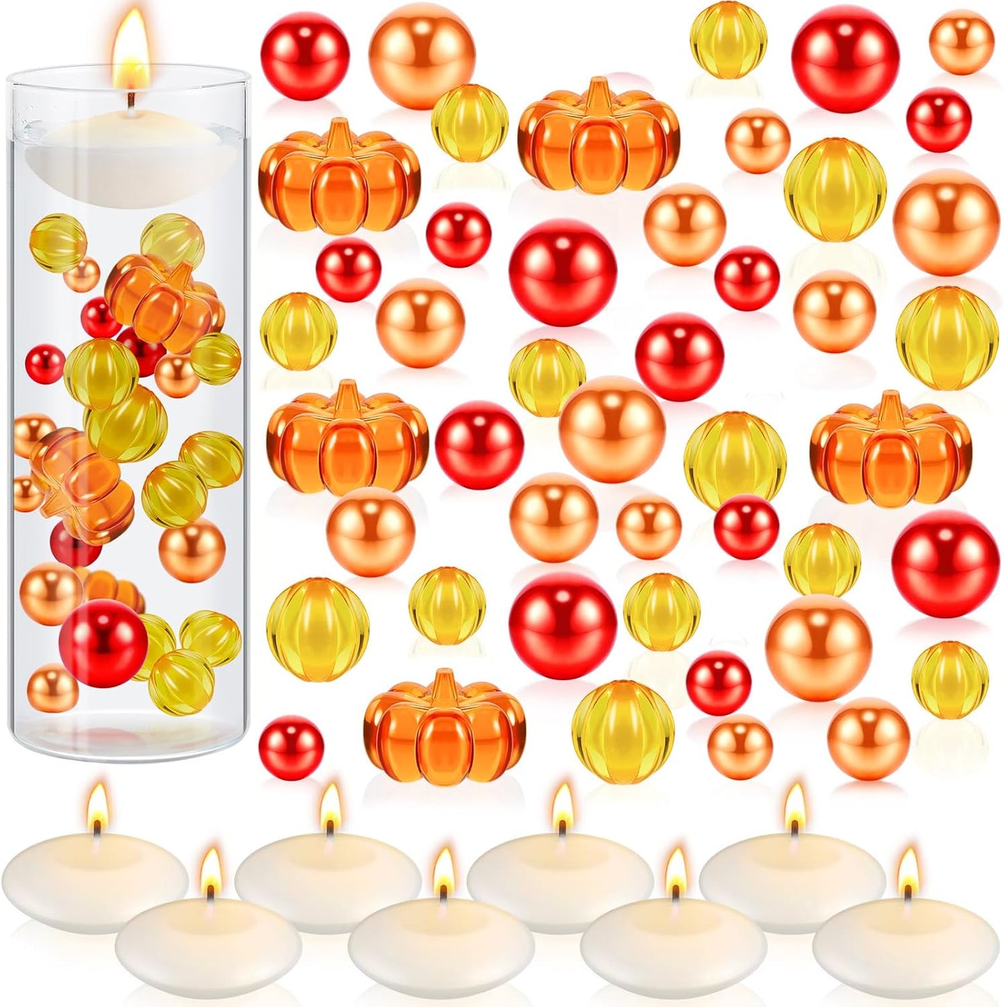 MTLEE 124 Pcs Thanksgiving Vase Filler Faux Pearl for Vase Filler with 8 White Unscented Candles for Fall Thanksgiving Home Table Party Festival Decors, Not Included Clear Beads(Pumpkin)