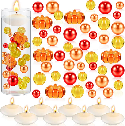 MTLEE 124 Pcs Thanksgiving Vase Filler Faux Pearl for Vase Filler with 8 White Unscented Candles for Fall Thanksgiving Home Table Party Festival Decors, Not Included Clear Beads(Pumpkin)