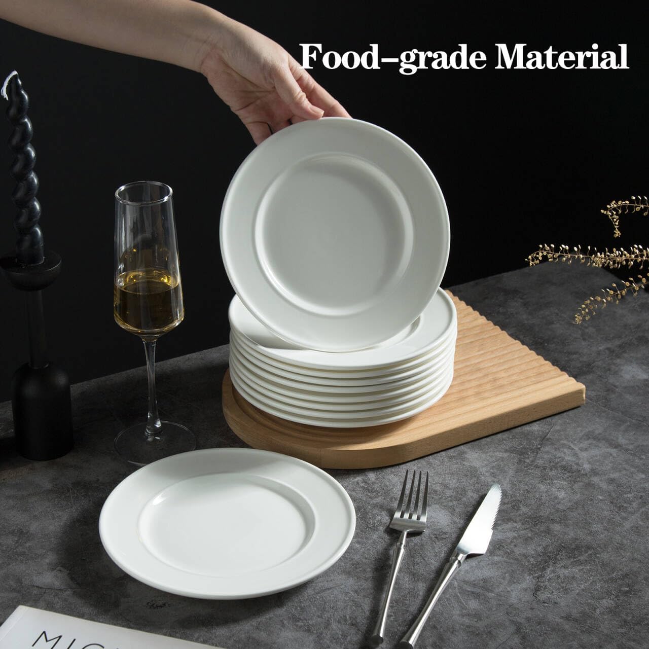 TAMAYKIM 10 Pieces 8 Inch Porcelain Salad Plates, Wide Rim Appetizer Dessert Plates, Round Dinnerware Sets, Scratch Resistant, Microwave, Oven, and Dishwasher Safe, White