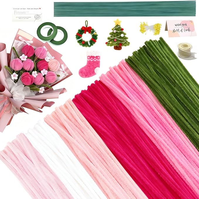 AHAMETON 620-Piece Pink Pipe Cleaner Craft Kit - 6 Pastel Shades Chenille Stems with Floral Wire for DIY Wedding Bouquets, Mother’s Day Gifts & Party Decorations