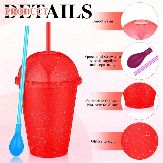 6 Set Slushie Cups with Dome Lids and Straws Detachable Spoon Straws Reusable Plastic Iced Coffee Cups Smoothie Tumbler for Birthdays Summer Party Supplies(Red,16 oz)