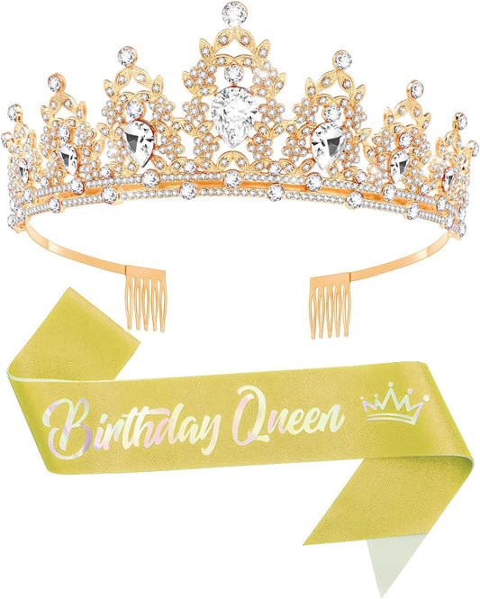 Birtthday Tiara Crown with Sash for Women Birthday Queen Party