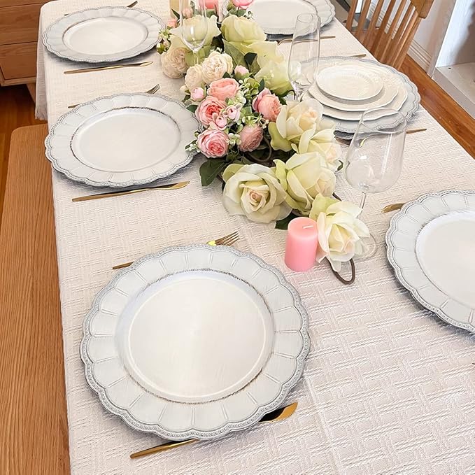 White Antique Charger Plates,13 Inch Metallic Chargers for Dinner Plates, Bead Rim Plastic Chargers For Dining, Wedding, Party,Shower. 6 Pack Decorative Holiday Tabletop Decor
