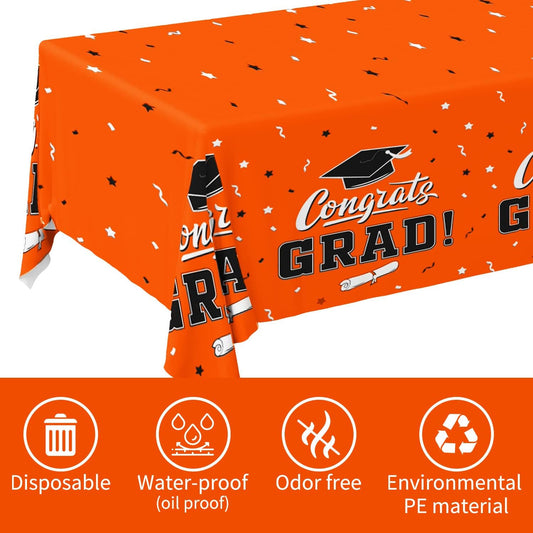 Graduation Party Decorations, Gongrats Grad Tablecover for Graduation Party Supplies, 3 pcs Orange Table Cloths, 54"x108"