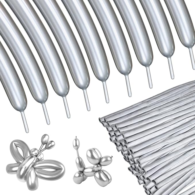 Silver Metallic 260 long Balloons 100 Pack Modeling Long Magic Balloons Shiny Latex DIY Animal Balloon for Birthday Wedding New Year Festival Party Decoration (Silver Twisting Balloons)