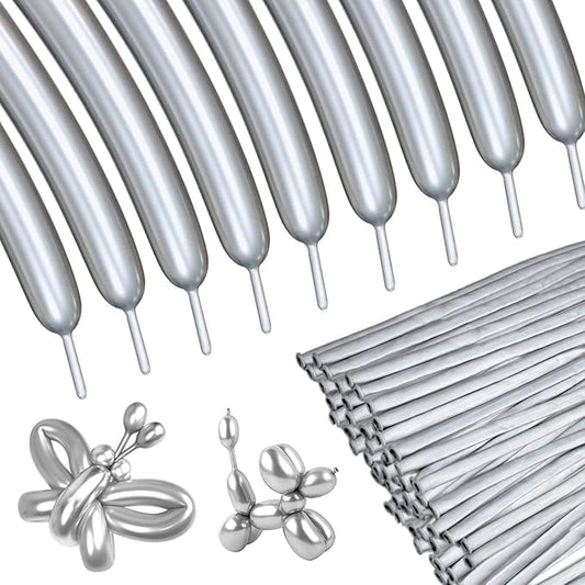 Silver Metallic 260 long Balloons 100 Pack Modeling Long Magic Balloons Shiny Latex DIY Animal Balloon for Birthday Wedding New Year Festival Party Decoration (Silver Twisting Balloons)