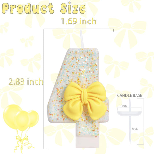 Birthday Candle for Cake, Yellow Bow Cake Candles, Cake Topper Decoration for Birthday Party (Number 4)
