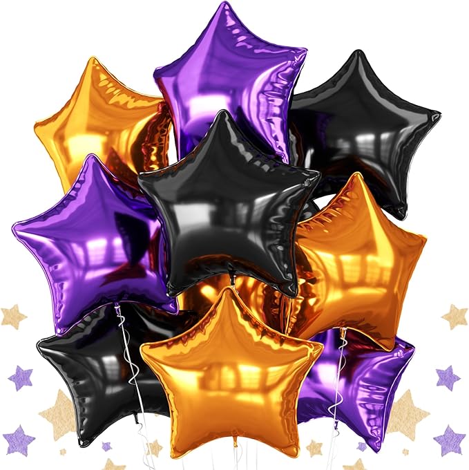 Purple Black Orange Star Foil Balloons, 10PCS Halloween Foil Stars Shape Balloon, 18 Inch Large Metallic Stars Balloons Helium Pentagram Balloon for Birthday, Baby Shower, Halloween Party Decorations