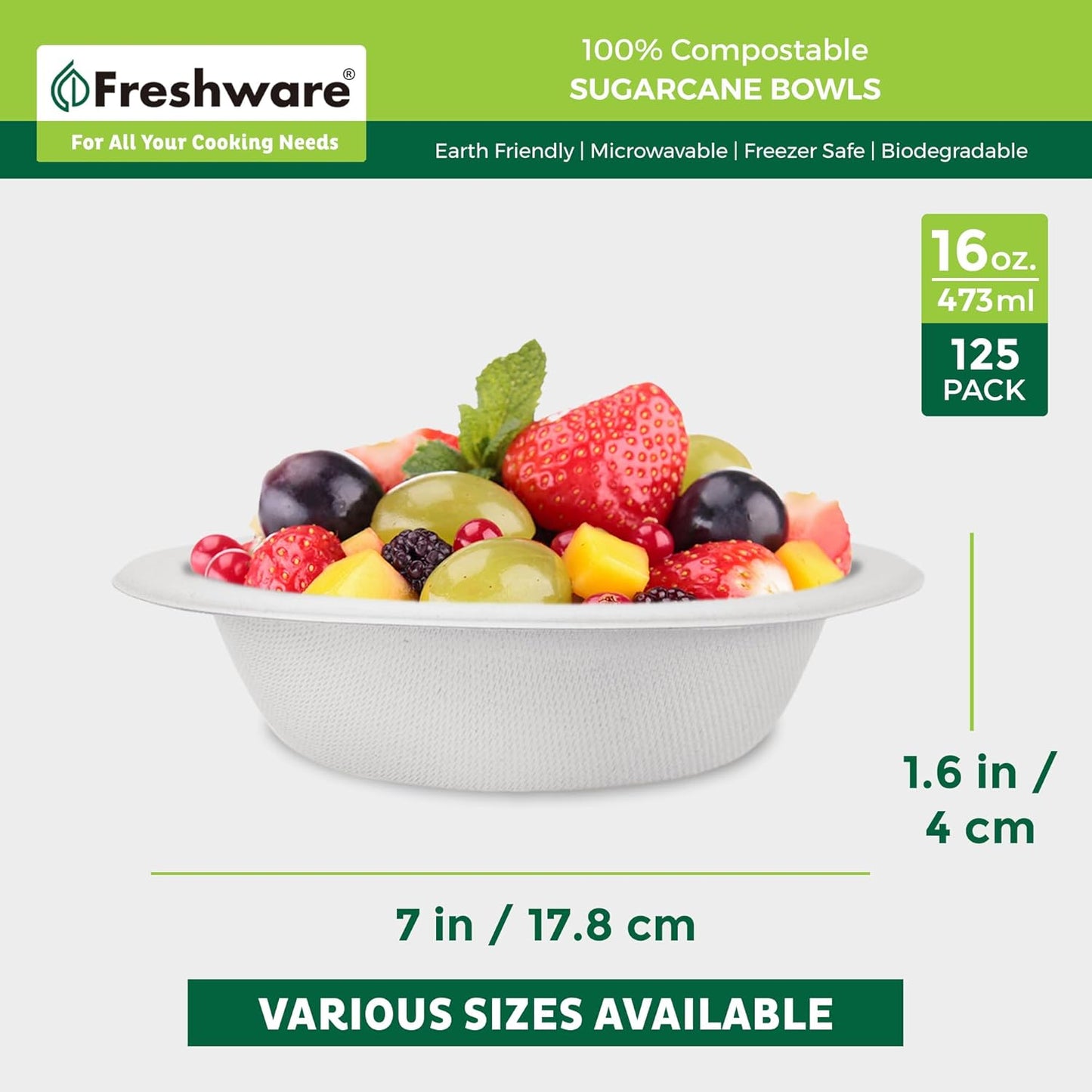 Freshware Paper Bowls - Disposable 16 oz. Soup Bowl, 125-Pack Biodegradable Sugarcane Fiber Serving Bowls - Heavy Duty Bagasse for Hot Food Plates - Microwave & Freezer Safe, Stackable Dinnerware