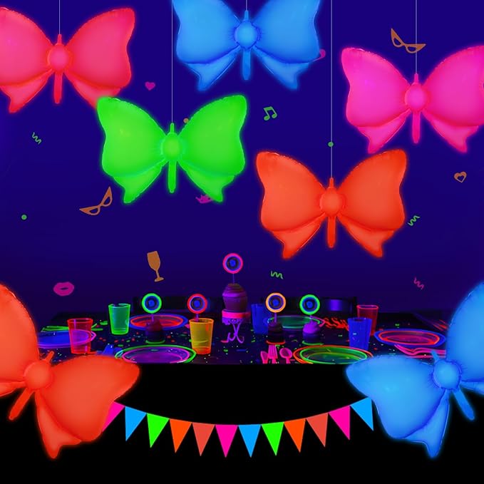 Mega-L Glow in the Dark Party Supplies, 5 Pcs Neon Bow Balloons Set – Fluorescent Red, Lemon Yellow, Fuchsia, Blue and Orange Balloons Perfect for Birthday, Wedding, Anniversary, Graduation Party