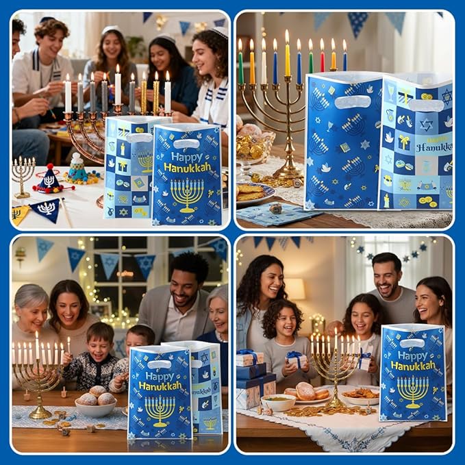 vueuKiGE Hanukkah Gift Bags, 100 PCS Hanukkah Treat Bags with Handles, 7x9.8 Inch Plastic Chanukah Gift Goodie Candy Cookie Bag Jewish Themed Party Favor Bag for Hanukkahs Party Decorations Supplies