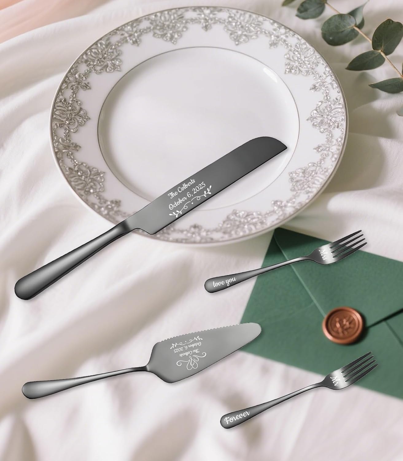 HJX Personalized Wedding Cake Knife and Server Set, Custom Names Cake Cutting Set, Customized Knife and Cake Server Set Gift for Bridal Anniversary Birthday Wedding Registry (Black)