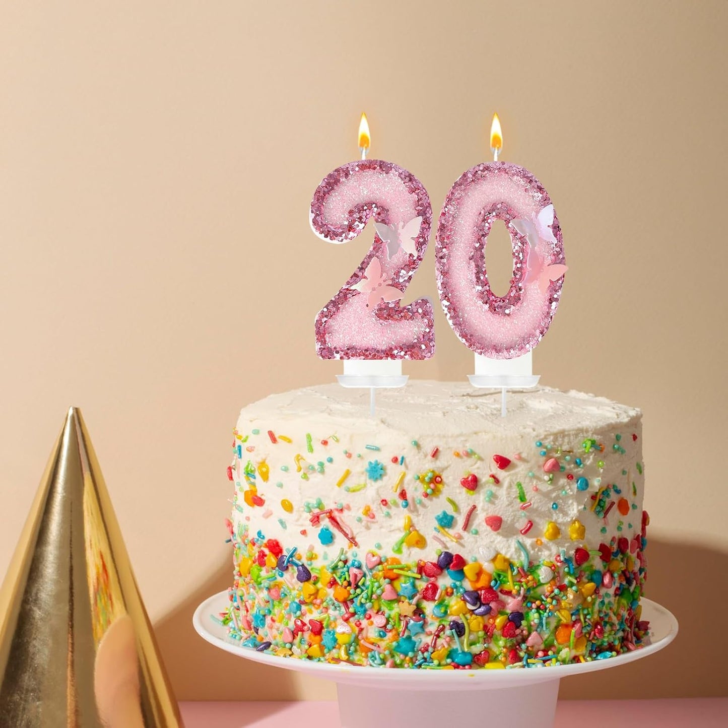 20Th Birthday Candles，Glitter Butterfly Cake Toppers Pink Sequins Wedding Numeral Cupcake Decorations，Suitable for Girl and Boy Wedding Cakes, Party Celebrations, Birthday Decorations (20)