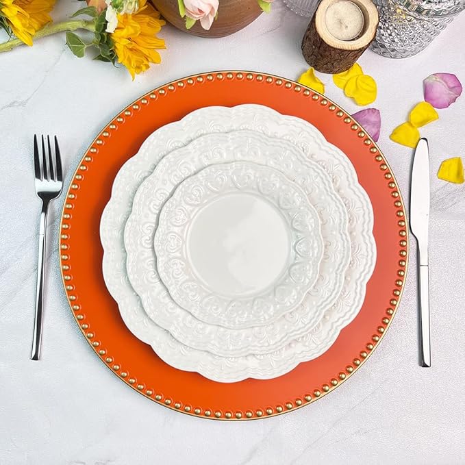 Orange Charger Plates with Beaded Rim, 13" Round Charger for Dinner Plates, Set of 6, Plastic Plate Chargers for Halloween, Table Setting, Party Decoration.