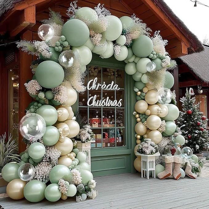 Dusty Green Balloon Arch Kit Double Stuffed,Pearl Light Sage Green White Sand Beige Balloon Garland with Clear Bobo for Bridal Birthday Wedding Baby Shower Graduation Party Decoration
