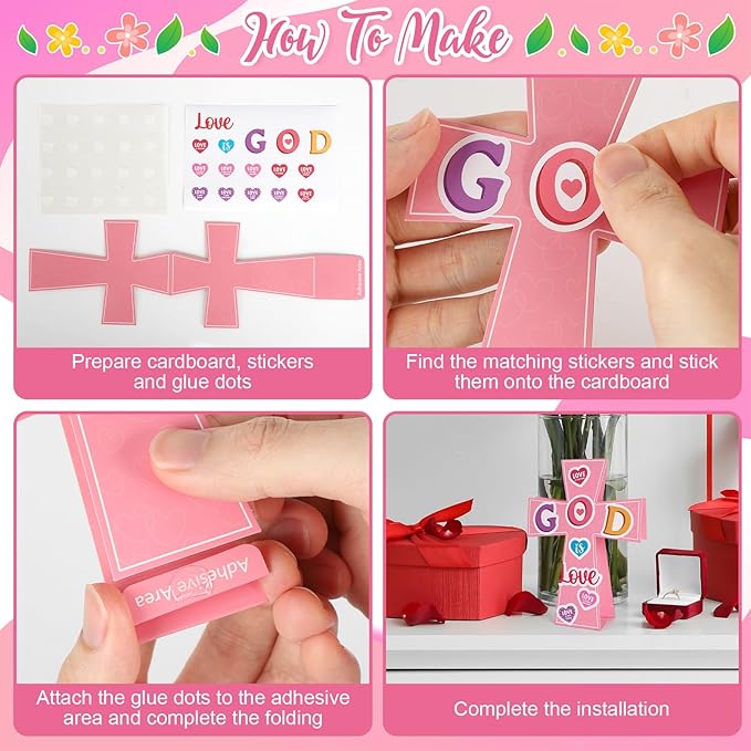 Yewfold 24Pcs Valentine's Day Religious Cross Craft Kit, Valentines DIY Cross Make Your Own 3D Handmade Valentines Christian Crafts, God is Love Church Art Project Activities