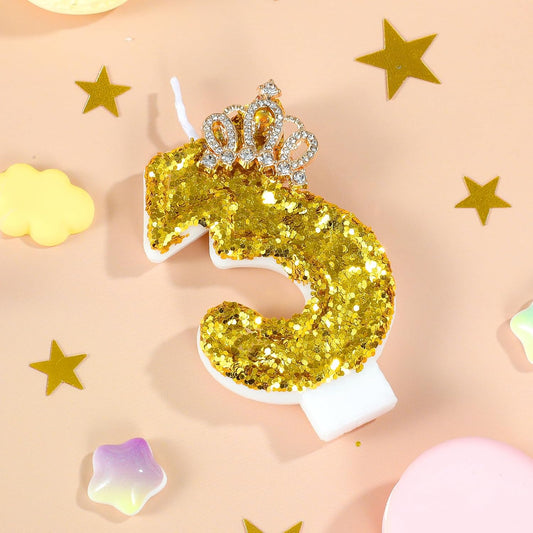 Gold Birthday Candle Crown Number 3 Candle with Sequins Cake Candles Cupcake Decorations Party Decor for Anniversary Celebrations Supplies