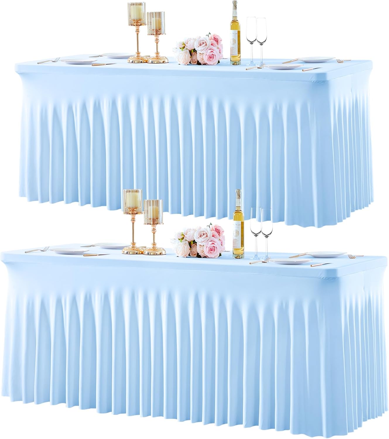 2 Pack Spandex Baby Blue Fitted Table Cloth for 8ft Rectangle Tables Baby Blue Stretch Tablecloth Table Covers Banquet Table Clothes Wrinkle Free Table Skirt for Parties Wedding