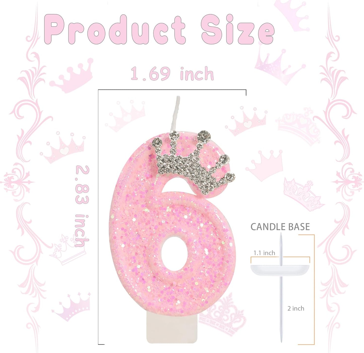 Birthday Candle for Cake, Crown Pink Number Candles, 2.76 inch Cake Topper Decoration for Princess Birthday Party (Number 6)