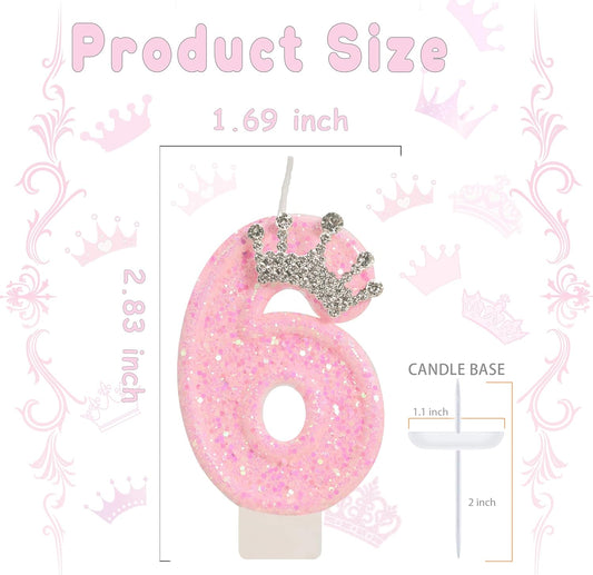 Birthday Candle for Cake, Crown Pink Number Candles, 2.76 inch Cake Topper Decoration for Princess Birthday Party (Number 6)
