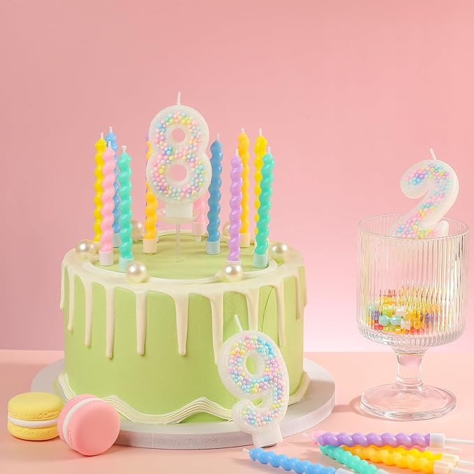 PHD CAKE Number 2 Birthday Candle Macaron Glitter Number Candle with Rainbow Spiral Candles in Holders for Cake Topper, Pastel Sweet Theme Party Decoration