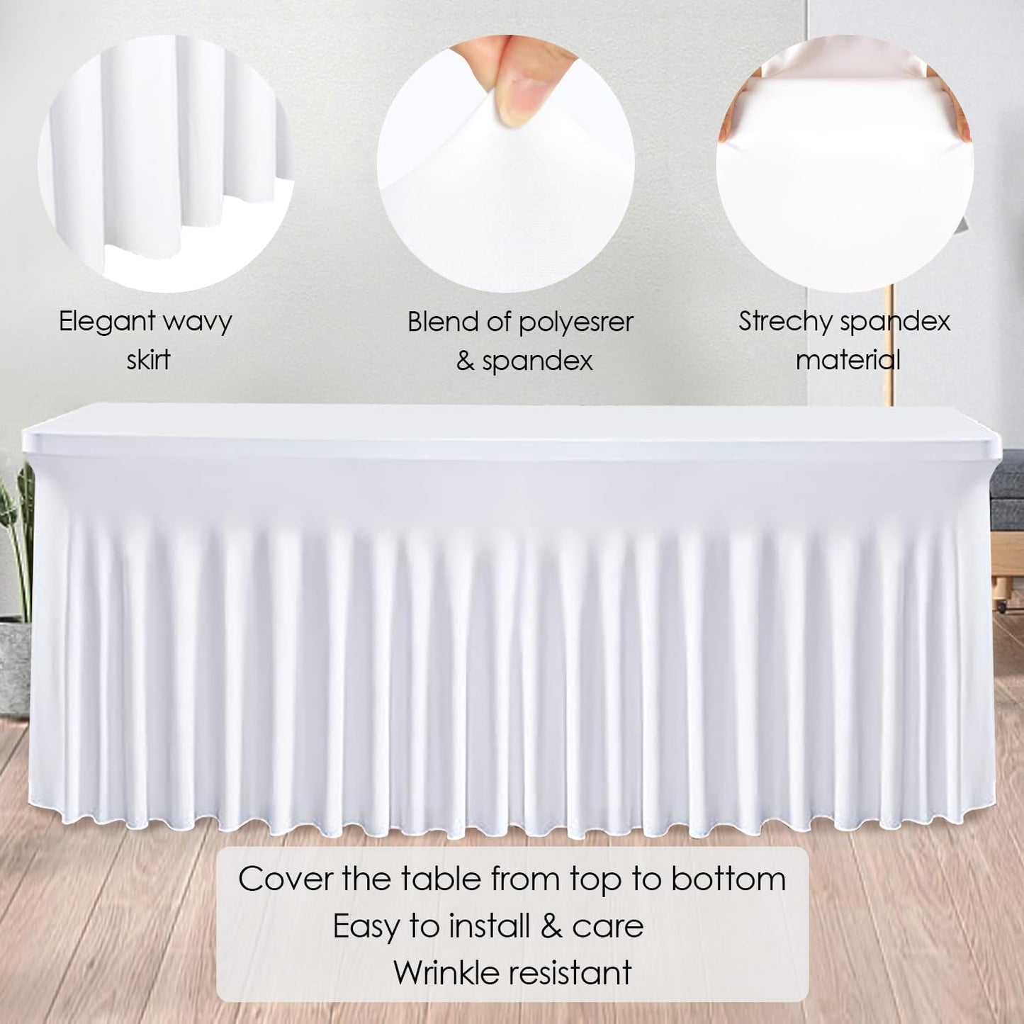 CoFashion Table Skirt for 6ft Tables Spandex White Table Cover with Skirt 3 Packs Stretchy Tablecloth Wrinkle-Resistant Ruffles Elastic Table Covers for Wedding, Banquet, Birthday Parties