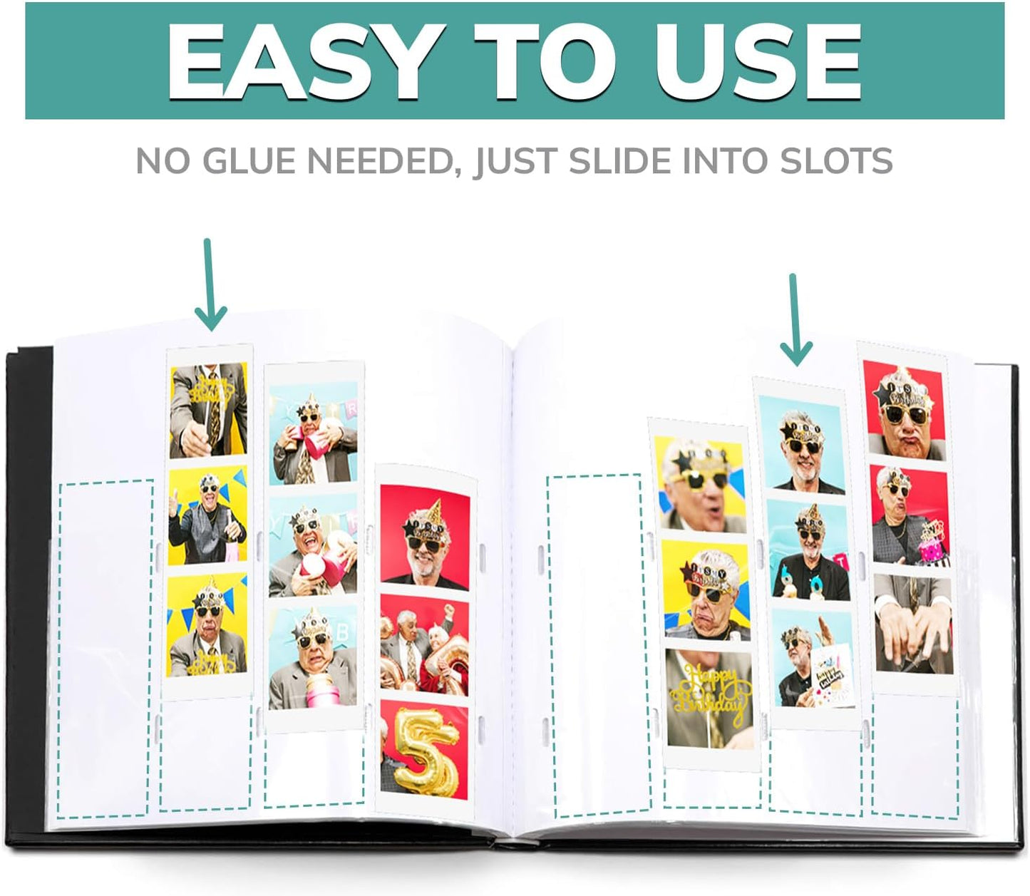 PBF (1 Pack) Photo Booth Album, Guest Book with 2x6 Clear Picture Inserts, Black Cover with Plastic Sleeves & White Pages, Scrapbook Album for Photo Strips, Memory Book, Wedding, and Baby Showers