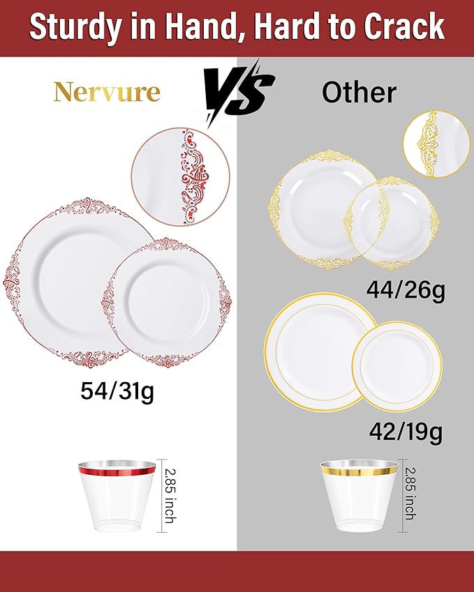 Nervure 175PCS Red Plastic Plates - White Red Plastic Dinnerware Sets for 25 Guests - 50 Red Disposable Plates, 25 Pre Rolled Cutlery Set, 25 Cups Perfect for Wedding, Party