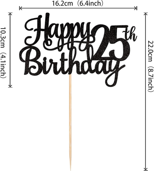 1 PCS Happy 25th Birthday Cake Topper Glitter Cheers to 25 Years Birthday Cake Pick 25 Fabulous Cake Decoration for Happy 25th Birthday Theme Party Decorations Supplies Black