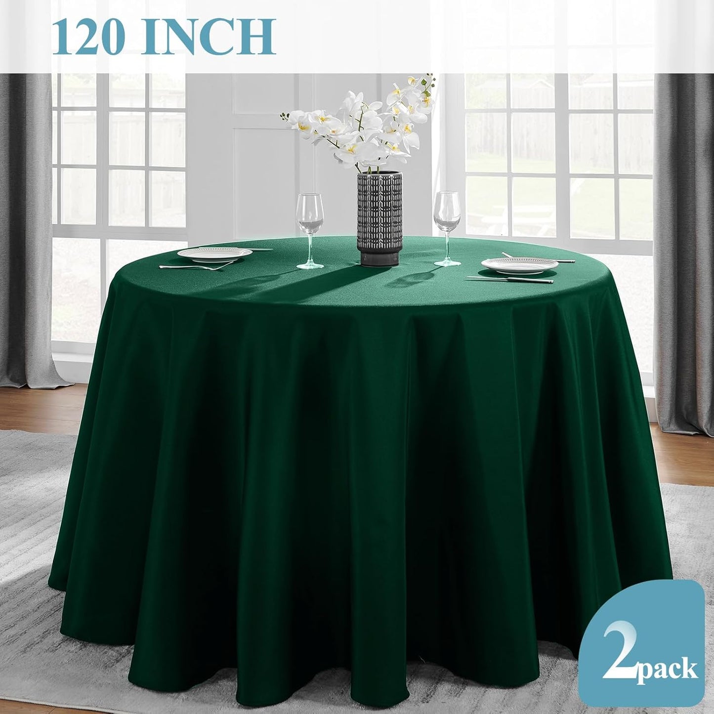 VidaFete Tablecloth 2 Pack 120inch Round Table Cloth Polyester, Stain Wrinkle Resistant Polyester Dining Table Cover for Kitchen Dinning Party Wedding Round Tabletop Buffet Decoration(Green)