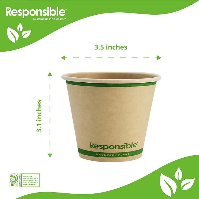 Responsible Products Certified Compostable 8 oz Paper Cups, Cold ＆ Hot Coffee Cups, Disposable Paper Cups, Extra Strength Disposable Cups, Made without PFAS (50 count)