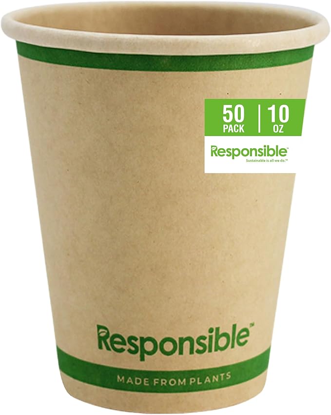 Responsible Products Certified Compostable 10 oz Paper Cups, Cold ＆ Hot Coffee Cups, Disposable Paper Cups, Extra Strength Disposable Cups, Made without PFAS (50 count)