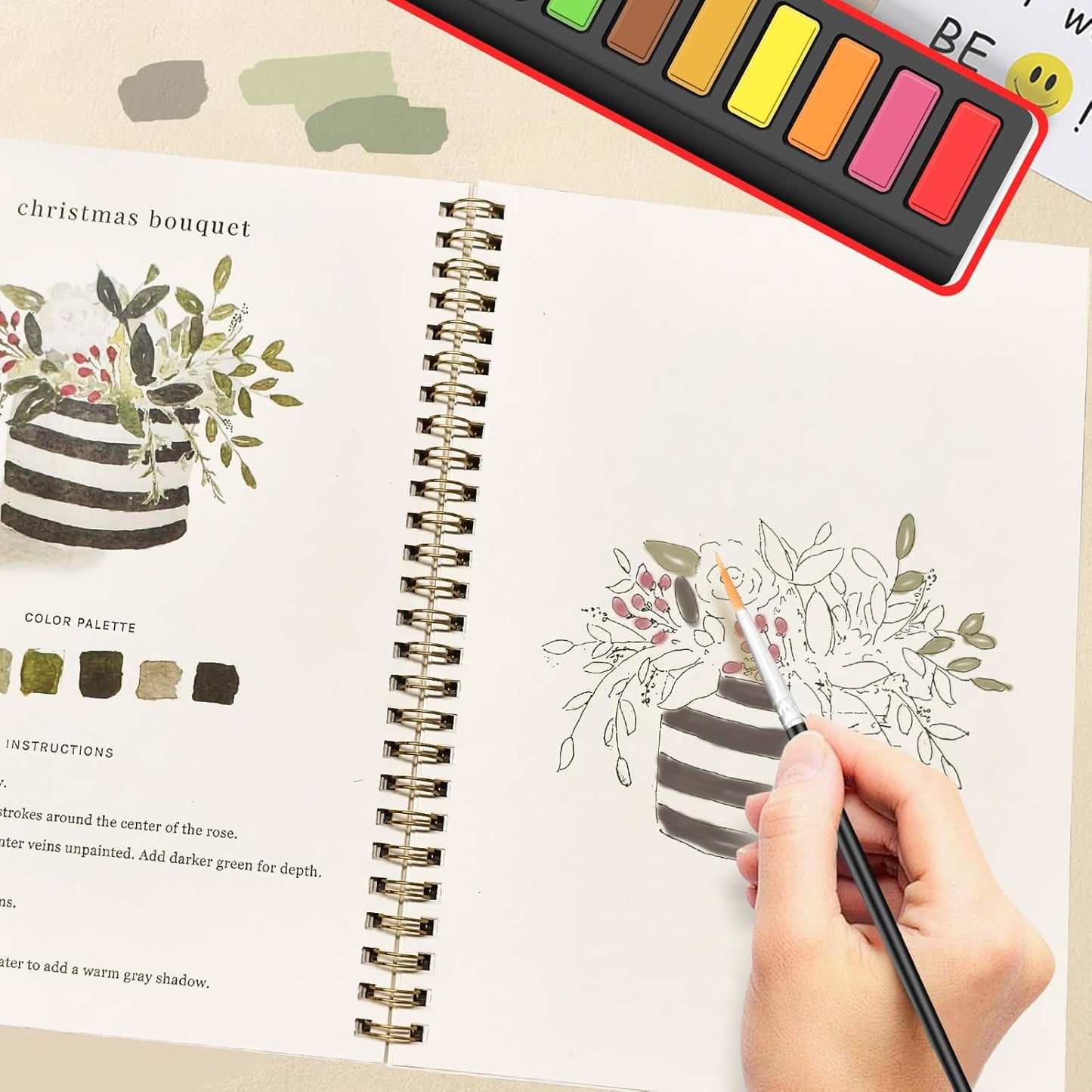 Watercolor Workbook, Water Coloring Book,Watercolor Paint Set, Beginner-Friendly Watercolor Workbooks, with 12 Colors Watercolor Paint Set with Paint Brush - Christmas Gift(Potted Plant)