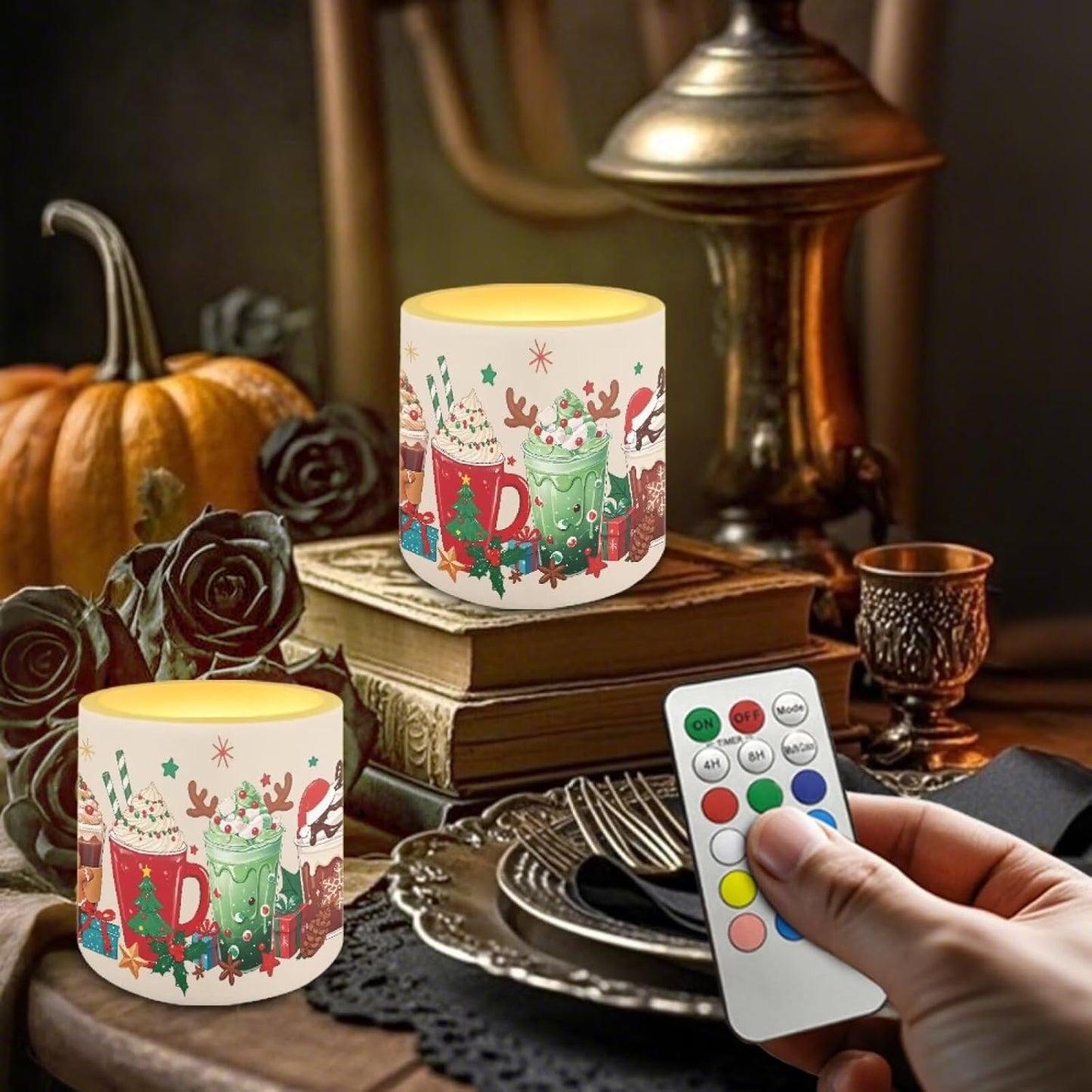 Poceacles Remote Control LED Candles Set of 4 Battery Powered Flameless Candles with Multi-Color Lighting Options, Timer Function, for Christmas Decor, Christmas Beverage Latte Coffee Pattern