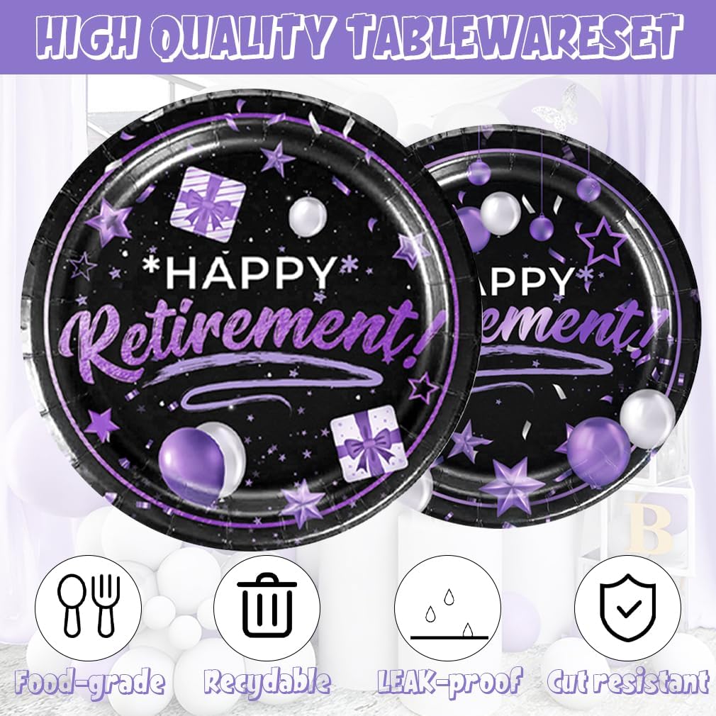 141pcs Retirement Party Decorations,Black and Purple Party Disposable Tableware,Includes Dinner Plate Dessert Plate Paper Napkin Cup Knife Fork Straws Tablecloth Black Purple Retirement Supplies set