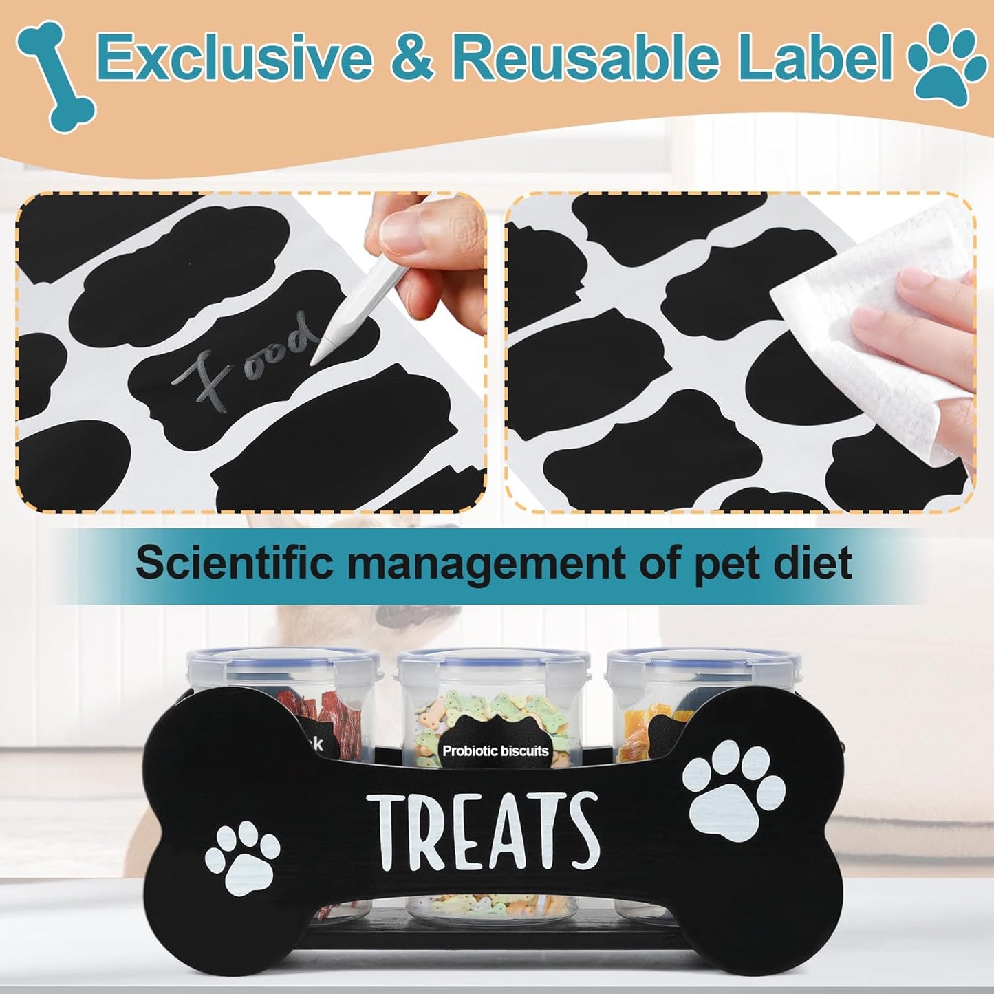 WGFKVAS Dog Treat Storage Containers, 3 Jar Countertop Organizer with Airtight Lids, Black Wooden Pet Food Dispenser for Dogs & Puppies, Perfect Food Storage Solution and Gift for Dog Owners