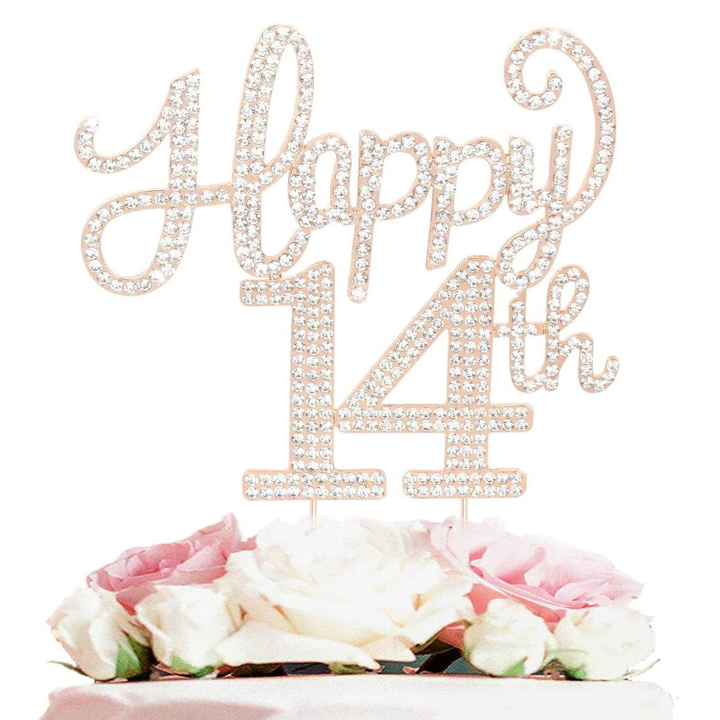 LASKYER Happy 14th Birthday Decorations,14th Birthday Gold Rhinestone Cake Topper - Cheers to Fourteen Years Old Bday Party Metal Sparkly Cake Centerpieces Sign.