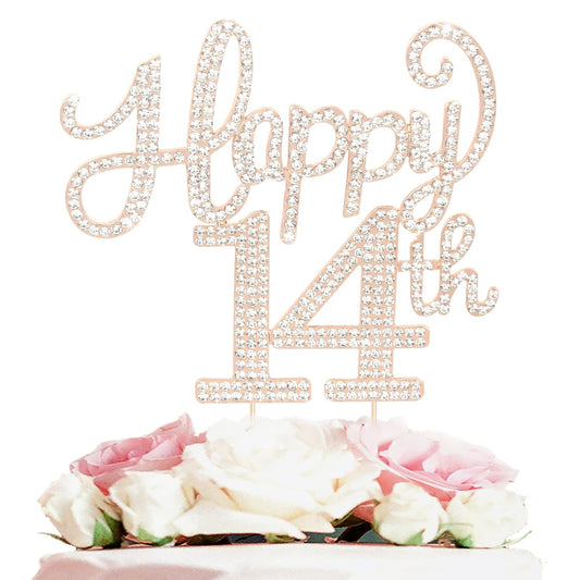 LASKYER Happy 14th Birthday Decorations,14th Birthday Gold Rhinestone Cake Topper - Cheers to Fourteen Years Old Bday Party Metal Sparkly Cake Centerpieces Sign.