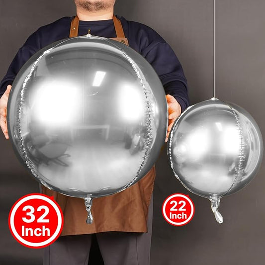 PartyWoo Metallic Silver Foil Balloons 6pcs 32 Inch Large Round Foil Big Giant 4D Jumbo Inflatable Mirror Ball Mylar Balloons for Graduation Birthday Engagement Space Themed Party Decorations