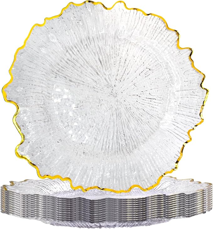 MAONAME 13" Clear Charger Plates, Round Reef Chargers for Dinner Plates, Plastic Plate Chargers for Table Setting, Wedding Decor, Set of 12