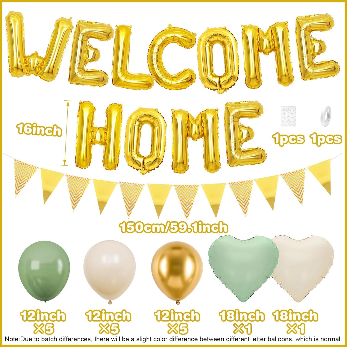 Welcome Home Decorations Green Gold,Gold Welcome Home Foil Balloon Banner with Sage Green White Heart Balloons Pennant Flag Bunting for Housewarming Baby Shower Home Family Party Supplies