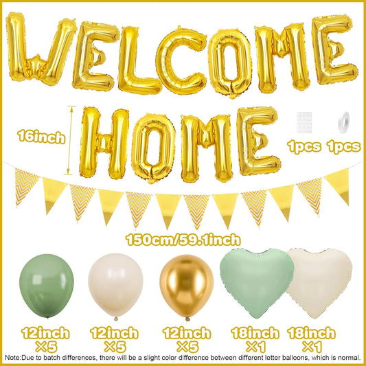 Welcome Home Decorations Green Gold,Gold Welcome Home Foil Balloon Banner with Sage Green White Heart Balloons Pennant Flag Bunting for Housewarming Baby Shower Home Family Party Supplies