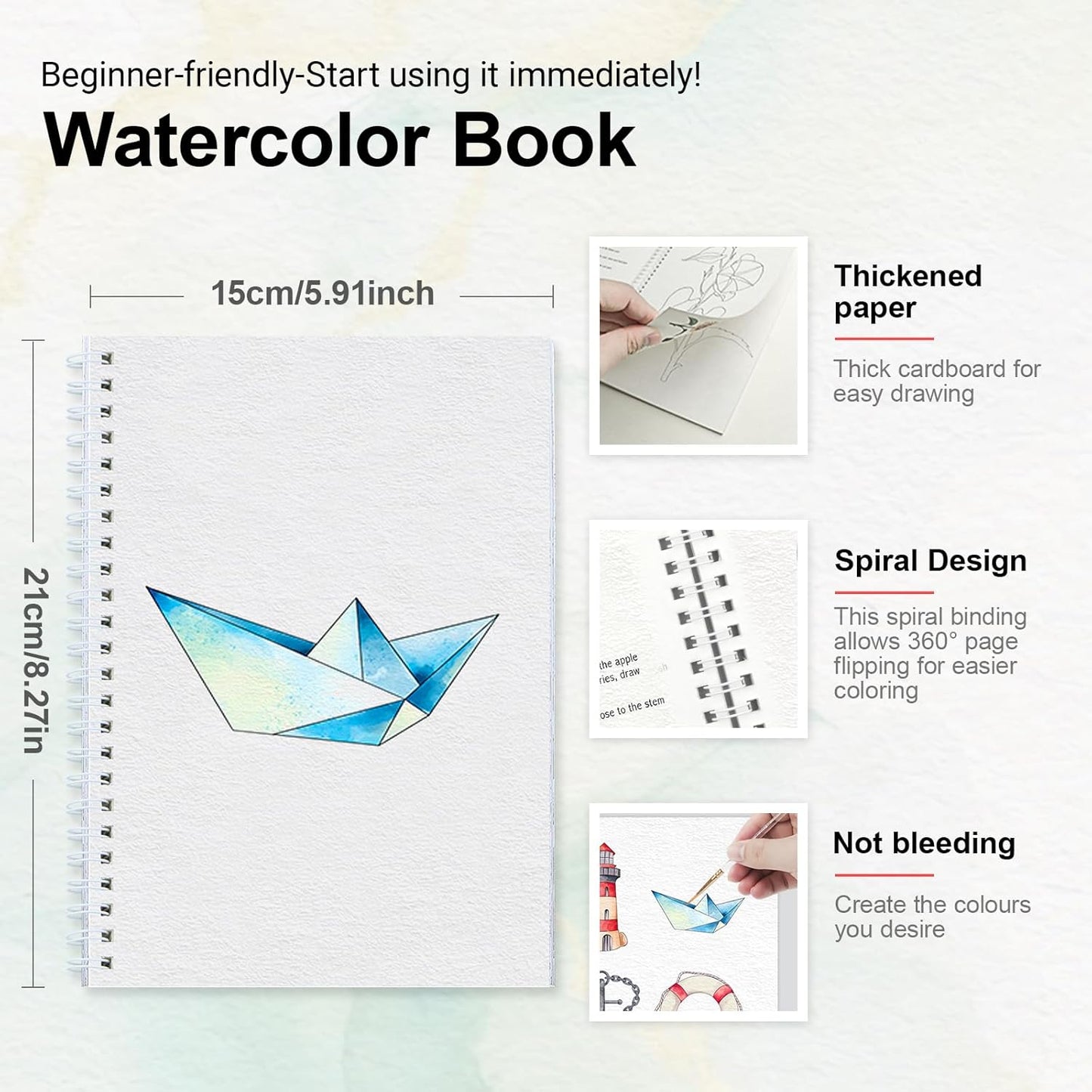 Watercolor Workbooks with Step by Step for Adults Teens - Beginner Watercolor Workbook with 12 Coloring Book Pages -100% Cotton 300gsm/140lb Watercolor Paper(Seaside)