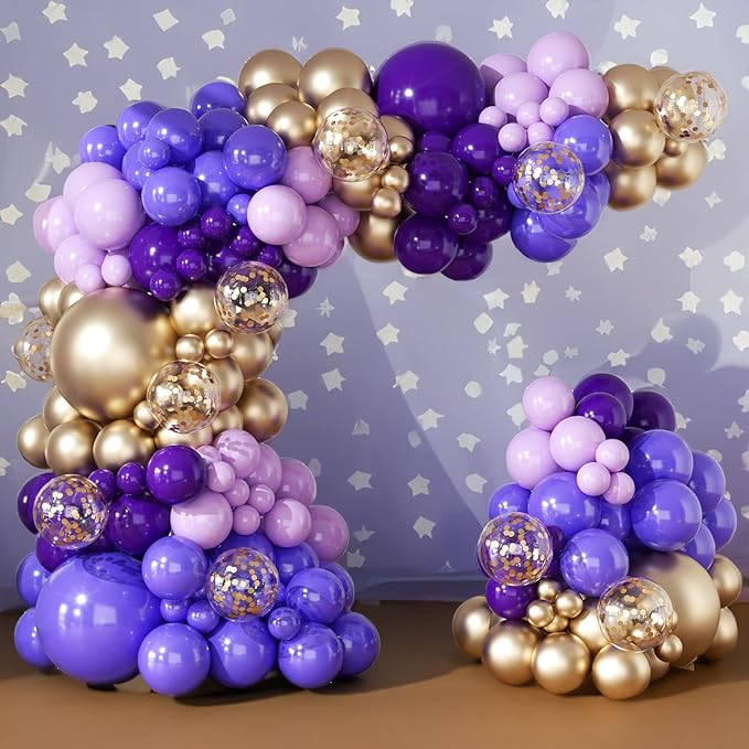 Purple and Gold Balloon Garland Arch Kit for 164pcs Different Sizes Balloons 5 10 12 18inch with Gold Confetti Balloons for Baby Shower Wedding Engagements Anniversary Birthday Party Decorations