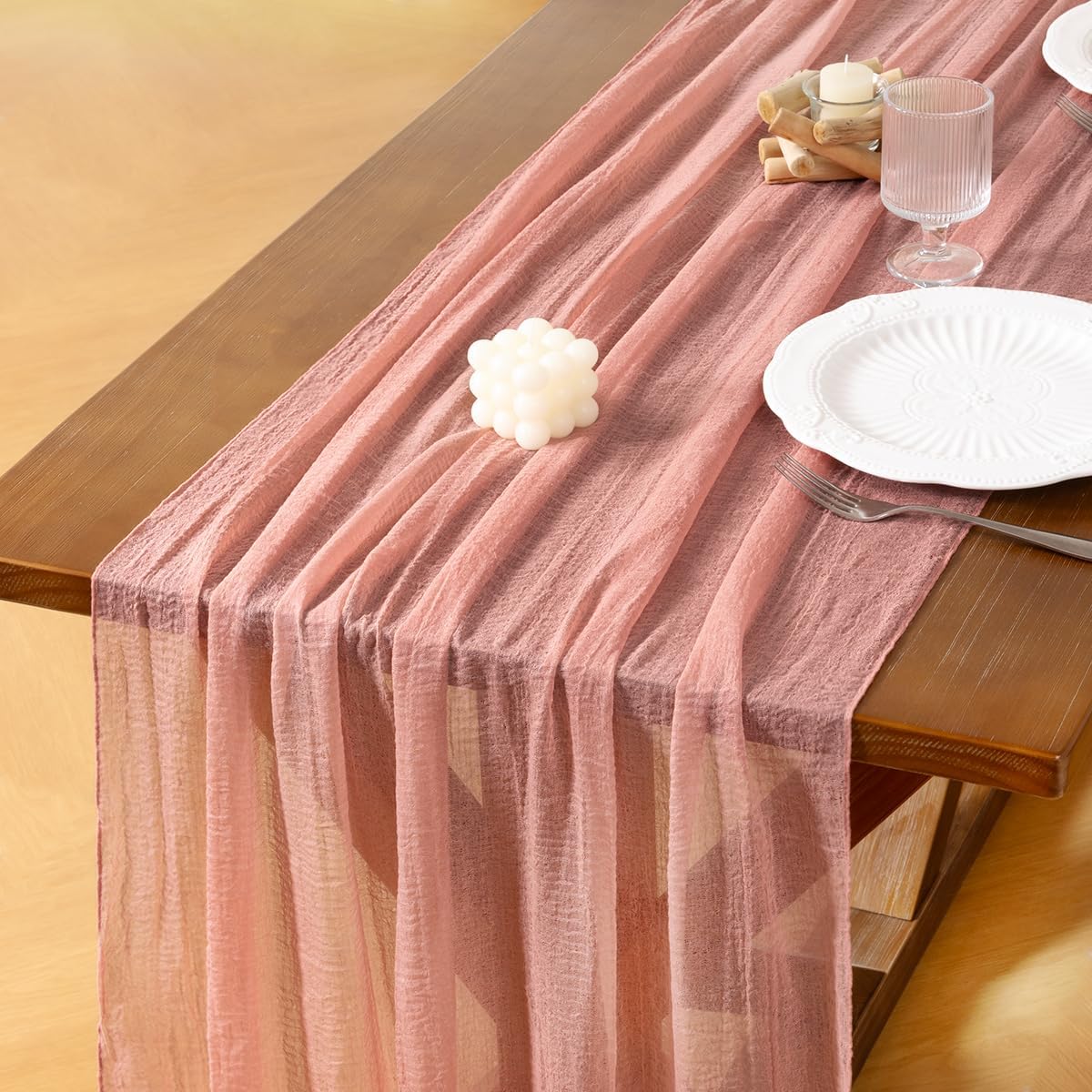 Socomi 6pcs Cheesecloth Table Runner Rose Gold Fall Thanksgiving Gauze 120 Inch Rustic Boho Cheese Cloth Runner for Wedding Party Baby Bridal Shower Centerpiece Decoration Holiday Home Decorations