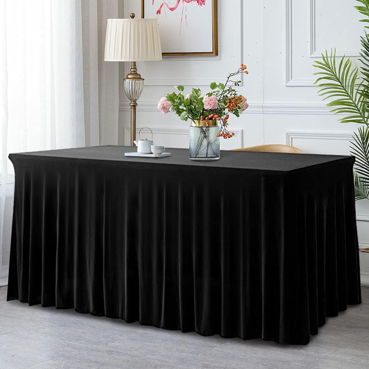 CoFashion Black 8ft x 30" Rectangular Spandex Table Cover with Wrinkle-Resistant Ruffles, One-Piece Table Covers for Wedding, Banquet, Birthday Parties