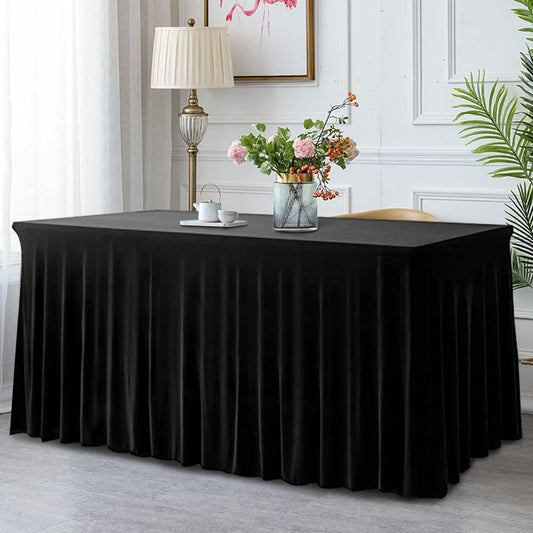 CoFashion Black 8ft x 30" Rectangular Spandex Table Cover with Wrinkle-Resistant Ruffles, One-Piece Table Covers for Wedding, Banquet, Birthday Parties