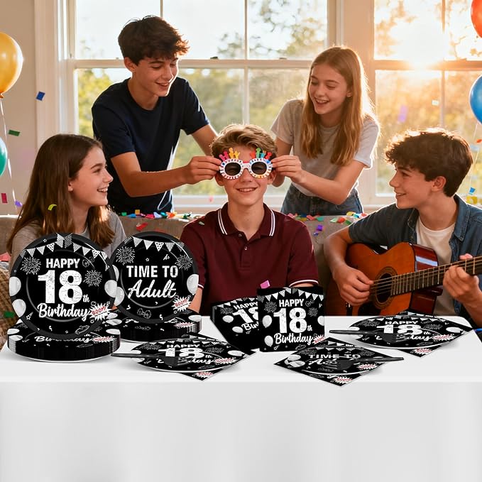 96PCS 18th Birthday Party Paper Plates and Napkins Black Silver 18th Birthday Supplies for Boys and Girls Time to Adult Disposable Dessert Plates Happy 18 Kids Party Birthday Gatherings Decorations