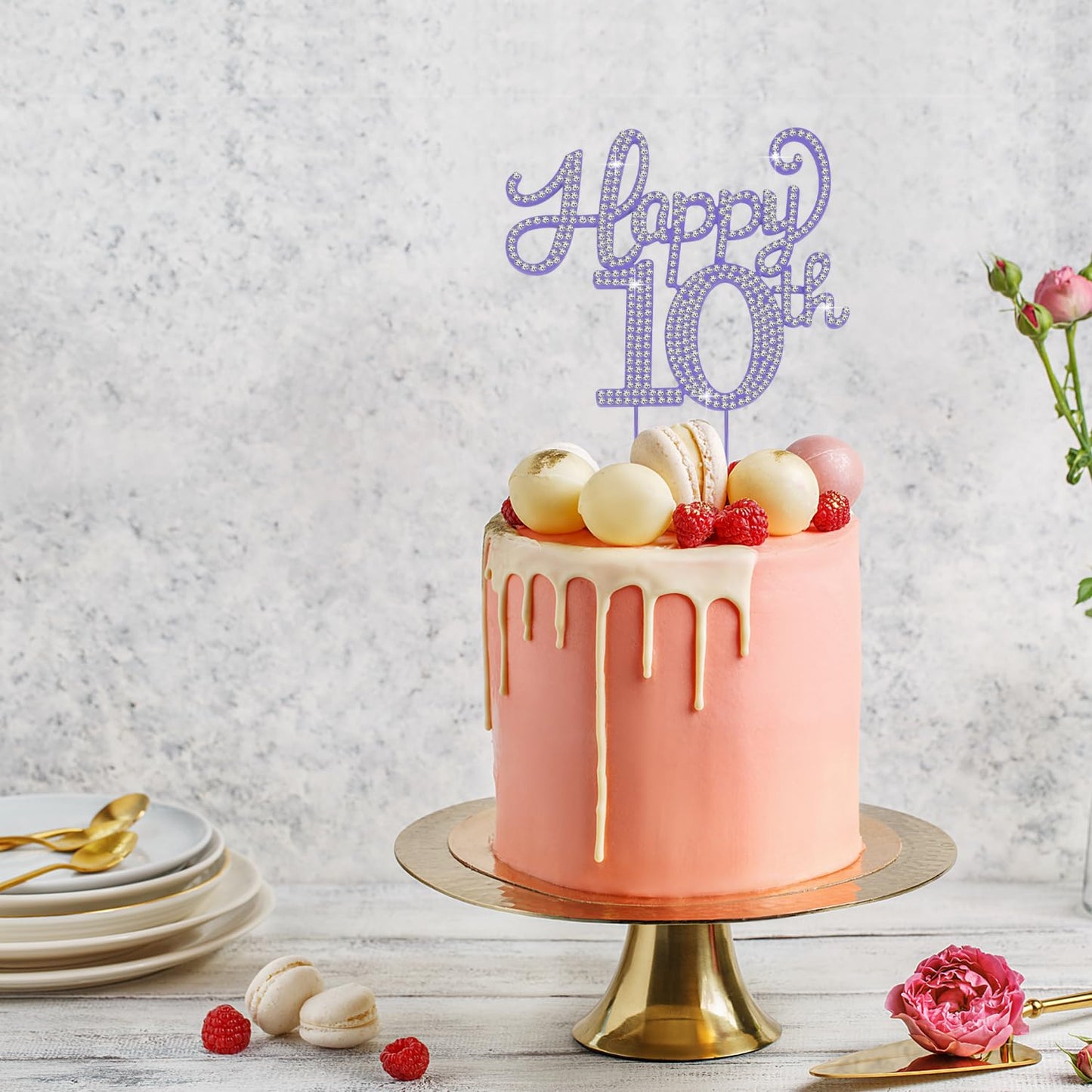 LASKYER Happy 10th Birthday Decorations,10th Birthday Purple Rhinestone Cake Topper - Cheers to Ten Years Old Bday Party Metal Sparkly Cake Centerpieces Sign.